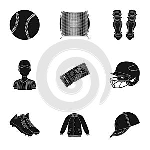 Ball, helmet, bat, uniform and other baseball attributes. Baseball set collection icons in black style vector symbol