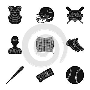 Ball, helmet, bat, uniform and other baseball attributes. Baseball set collection icons in black style vector symbol