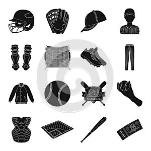 Ball, helmet, bat, uniform and other baseball attributes. Baseball set collection icons in black style vector symbol