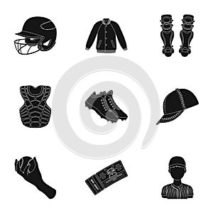 Ball, helmet, bat, uniform and other baseball attributes. Baseball set collection icons in black style vector symbol
