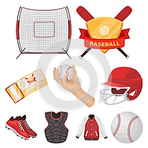 Ball, helmet, bat, uniform and other baseball attributes. Baseball set collection icons in cartoon style vector symbol
