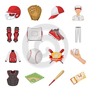 Ball, helmet, bat, uniform and other baseball attributes. Baseball set collection icons in cartoon style vector symbol