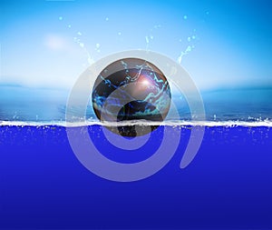 The ball hits the water. 3D rendering. Photo wallpaper.