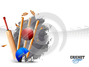 Ball hitting the wicket stumps with illustration of other equipments.