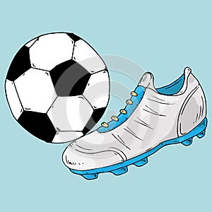 Ball icon. Vector illustration of a soccer ball with a football boot. Hand drawn shoes and ball for playing soccer