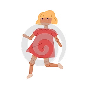 Ball-jointed doll with movable legs and arms. Girlish wood toy with moving bending elbows and knees. Girl puppet wearing photo
