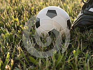 Ball at the kickoff of a football or soccer game. Natural sunset light. Grass background