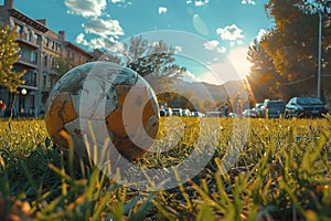 A ball lies on the green grass field under the sky