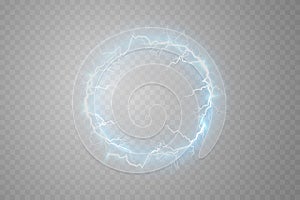 Ball lightning on a light transparent blue background. Vector illustration, abstract electric lightning. Light flash