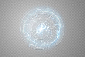 Ball lightning on a light transparent blue background. Vector illustration, abstract electric lightning. Light flash