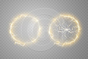 Ball lightning on a transparent background. Vector illustration, abstract electric lightning in gold color. Light flash