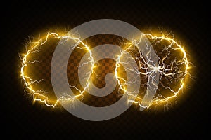 Ball lightning on a transparent background. Vector illustration, abstract electric lightning in gold color. Light flash