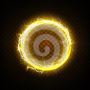 Ball lightning on a transparent background. Vector illustration, abstract electric lightning in gold color. Light flash