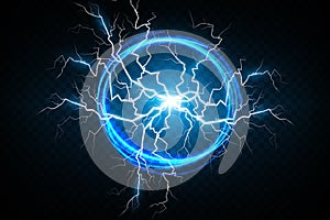 Ball lightning on a transparent dark blue background. Vector illustration, abstract electric lightning strike in the