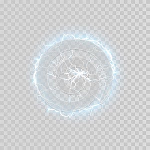 Ball lightning on a transparent dark blue background. Vector illustration, abstract electric lightning strike in the