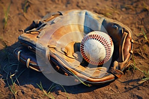 ball and mitt laying on a dirt field. possibly for baseball or softball, typical shape used for hand protection