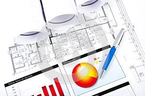 Ball pen, charts, documents, blueprint