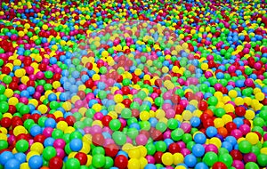 Ball pit with colorful plastic balls in children entertainment center. Pool with bright balls background. Fun, game, play