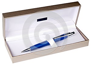 Ball-point pen in box isolated on white