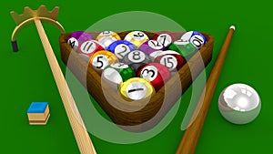 8 Ball Pool 3D Game - All Balls Racked with Accessories on Green Table photo