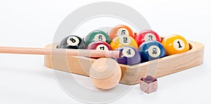 9 ball pool rack with queue and chalk