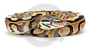 a Ball python against a pristine white background, showcasing its striking patterns and unique coloration in a photo