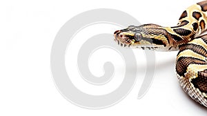 a Ball python against a pristine white background, showcasing its striking patterns and unique coloration in a photo