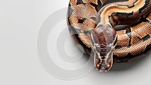 a Ball python against a pristine white background, showcasing its striking patterns and unique coloration in a photo