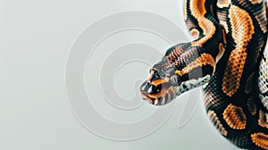 a Ball python against a pristine white background, showcasing its striking patterns and unique coloration in a photo