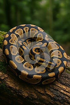Ball Python Resting on Mossy Log