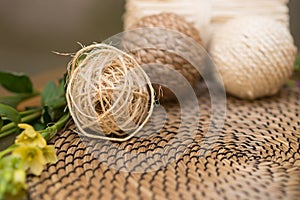 Ball of rope. Brown, beige textile. Decoration