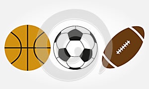 Ball set. Football, soccer, basketball and rugby ball icons isolated on white background. Vector illustration.