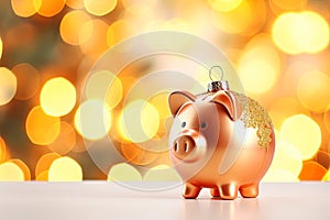 Ball in shape of piggy bank on Christmas lights background. Holiday expenses, seasonal sales