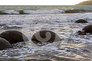 Ball-shaped boulders of Moeraki on South Island, New Zealand