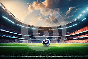 Ball on the sideline of a soccer field in large open air stadium