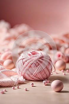 Ball of soft pink yarn lies on pink surface. Generative AI.