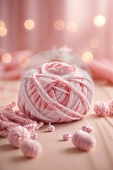 Ball of soft pink yarn lies on pink surface. Generative AI.