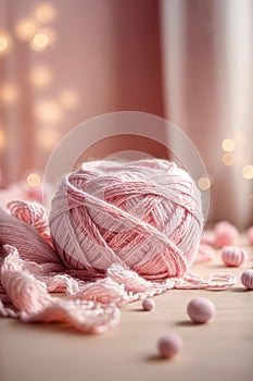 Ball of soft pink yarn lies on pink surface. Generative AI.