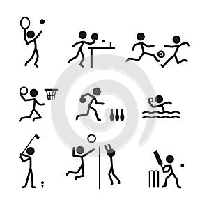 Ball sports icon pictogram vector set. Stick figure men sport players vector icon sign symbol. Tennis, soccer, basketball, bowling