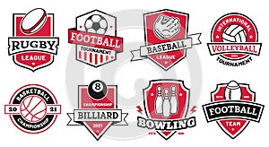 Ball sports logo. Badges for american football, soccer and basketball league. Volleyball and bowling tournament symbol