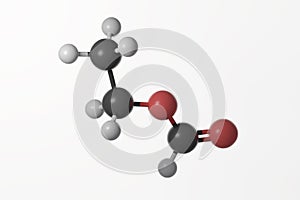 Ball and stick model of ethyl formate molecule against a white background photo