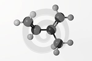 Ball and stick model of isoprene molecule against a white background
