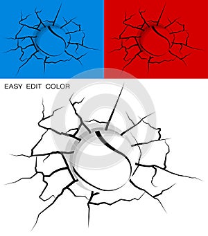 Ball for tennis hit wall powerfully and damaged, cracks on wall. Sports design element. Active lifestyle. Vector on white or color