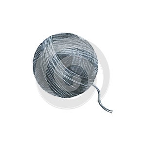 Ball of thread, yarn of grey colors. Watercolor illustration. Isolated object from a large set of COZY WINTER. For