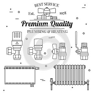 Ball valve icons and central Heating Radiators icons thin line f