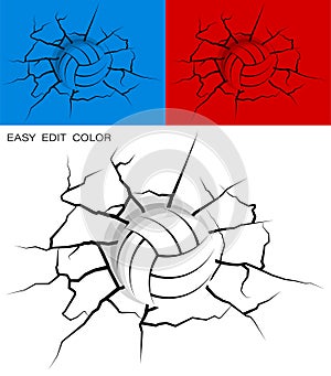 Ball for volleyball hit wall powerfully and damaged, cracks on wall. Sports design element. Active lifestyle. Vector on white or