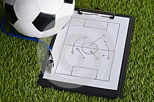 Ball; whistle and soccer tactic diagram on pitch