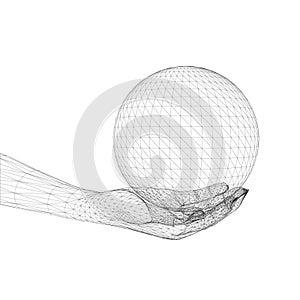 Ball wireframe in human hand isolated on white background. 3D. Vector illustration