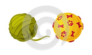 Ball of yarn and rubber ball. Toys for pet animals set cartoon vector illustration