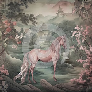 BALLAD UNICORN HORSES FLORAL GRADEN CHINOISERIE STYLE WALL ART